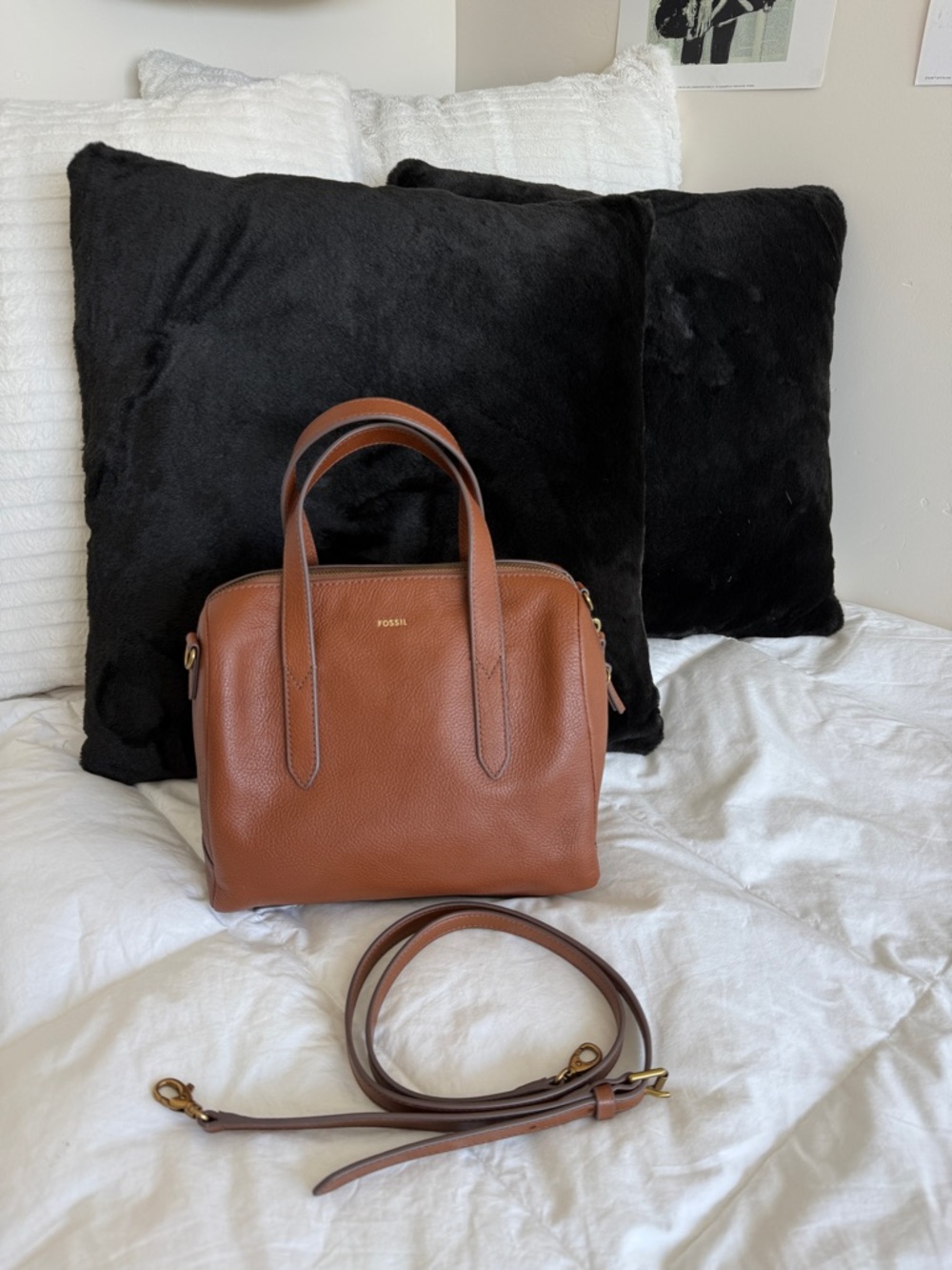 Fossil Brown Leather Dome Satchel with Detachable Strap